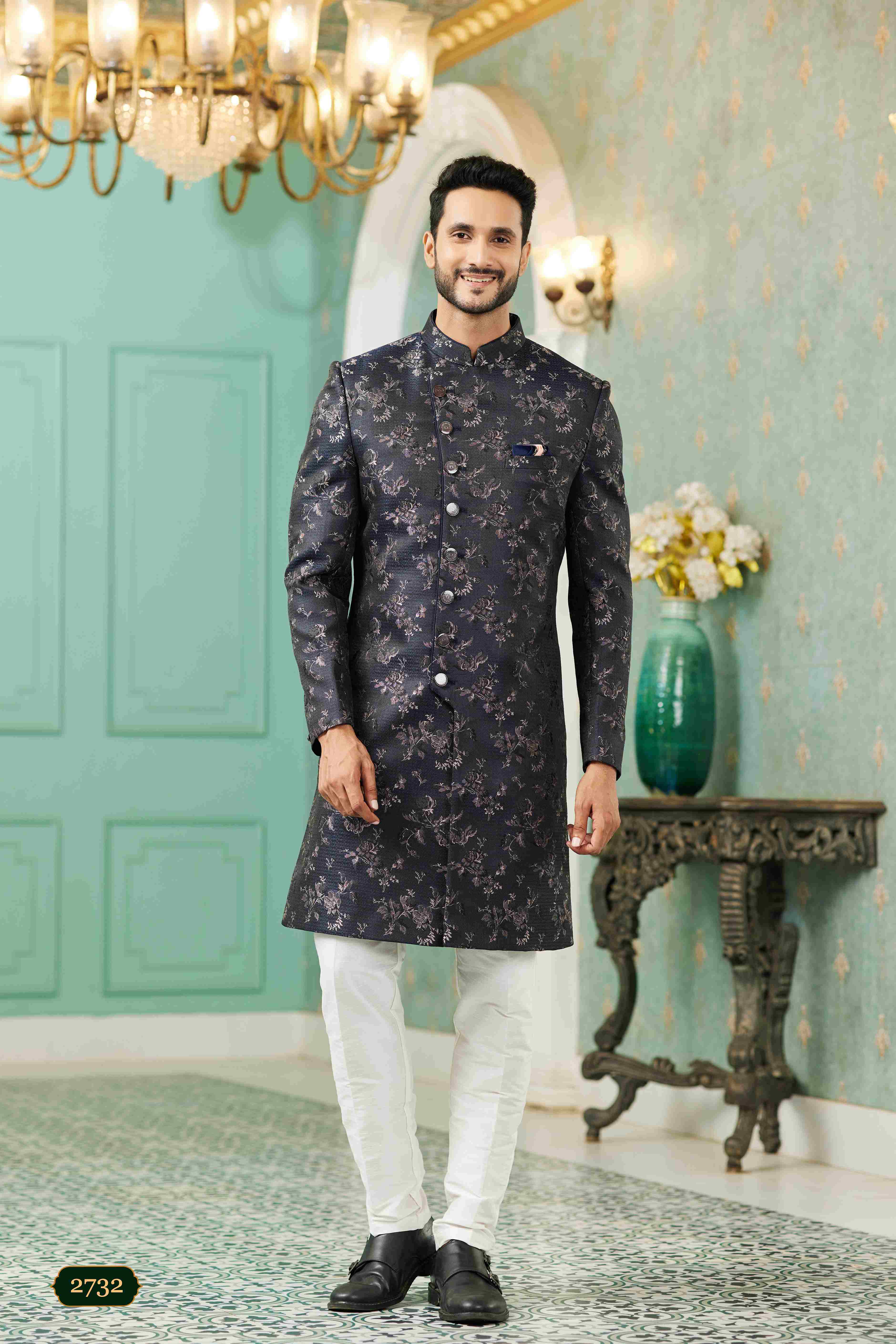 Raivat Ethnic Mens Jacquard Silk Embroidery Work Sherwani In Black Colour - Dista