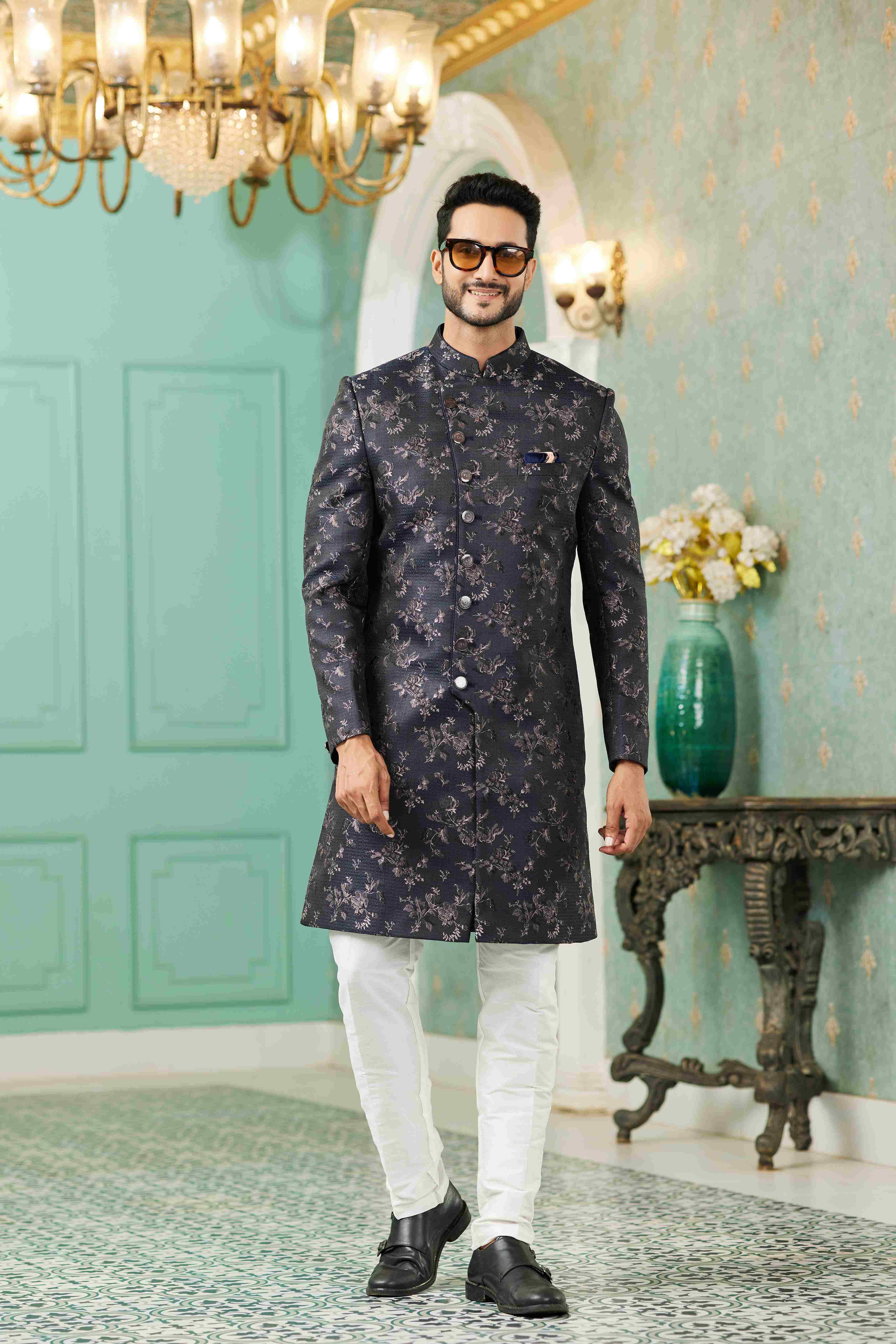 Raivat Ethnic Mens Jacquard Silk Embroidery Work Sherwani In Black Colour - Dista