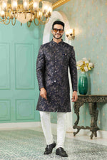Thumbnail for Raivat Ethnic Mens Jacquard Silk Embroidery Work Sherwani In Black Colour - Dista