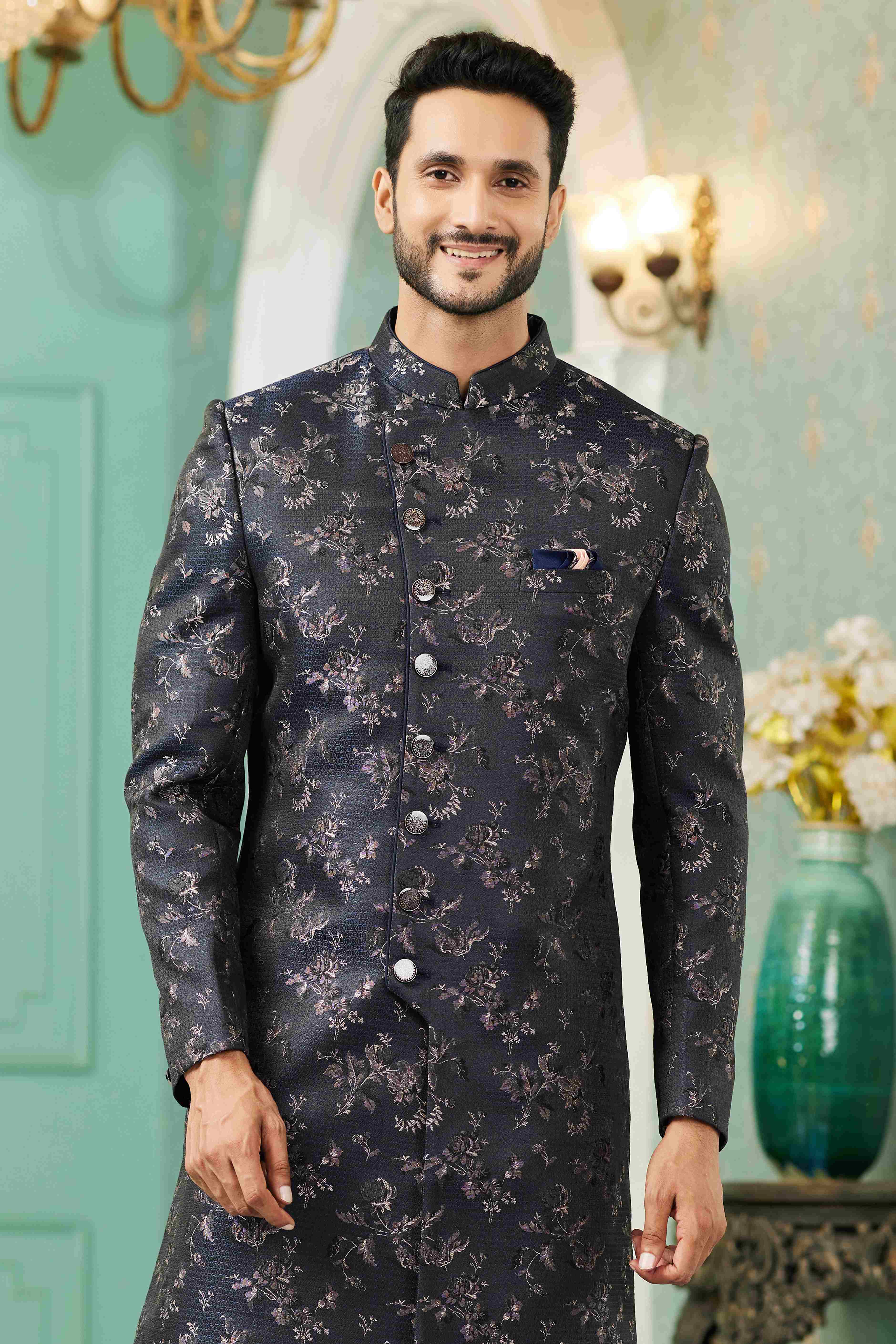 Raivat Ethnic Mens Jacquard Silk Embroidery Work Sherwani In Black Colour - Dista