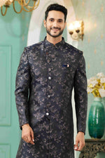 Thumbnail for Raivat Ethnic Mens Jacquard Silk Embroidery Work Sherwani In Black Colour - Dista