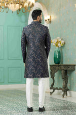 Thumbnail for Raivat Ethnic Mens Jacquard Silk Embroidery Work Sherwani In Black Colour - Dista