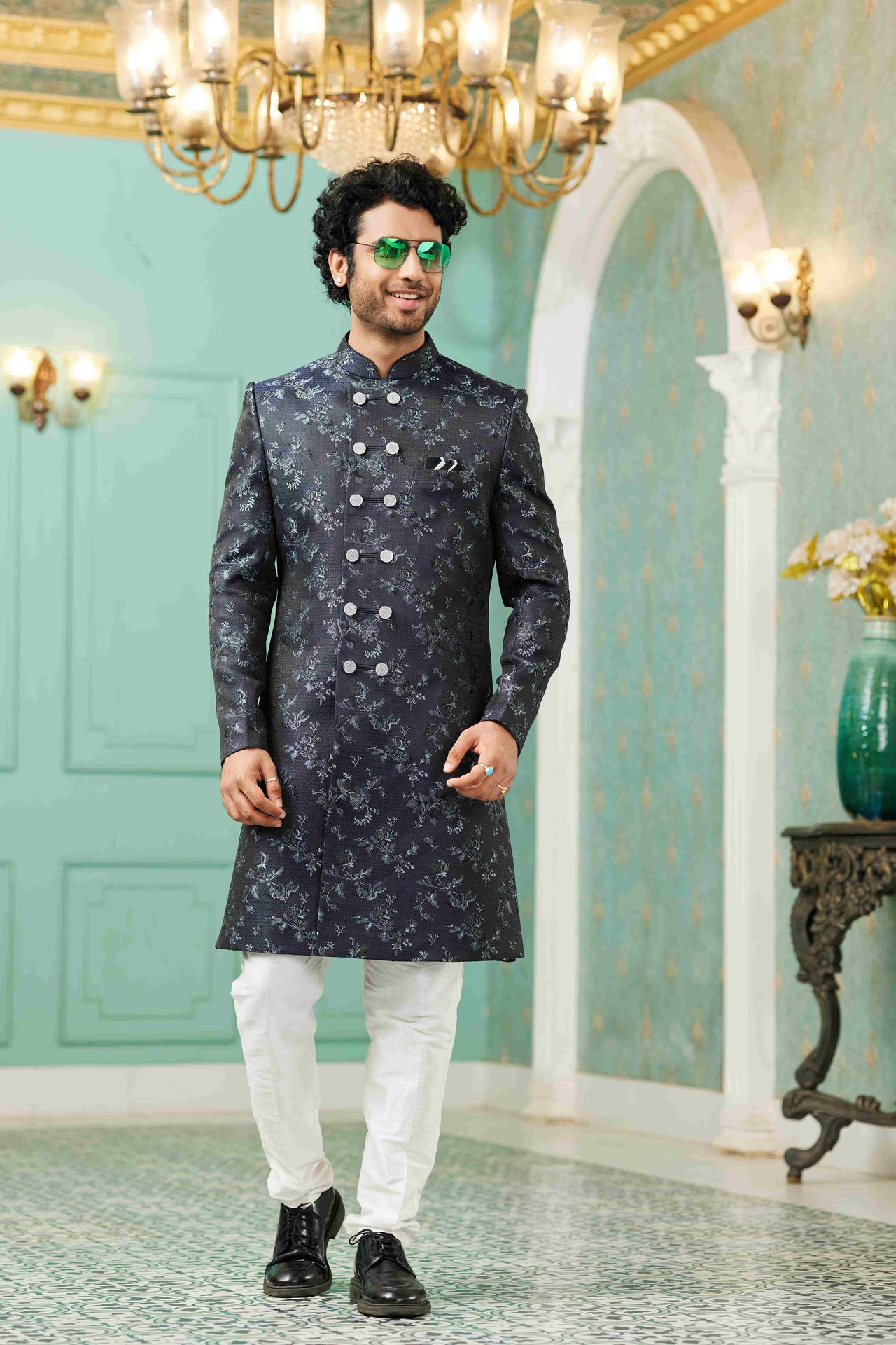 Raivat Ethnic Mens Jacquard Silk Embroidery Work Sherwani In Navy Blue Colour - Dista