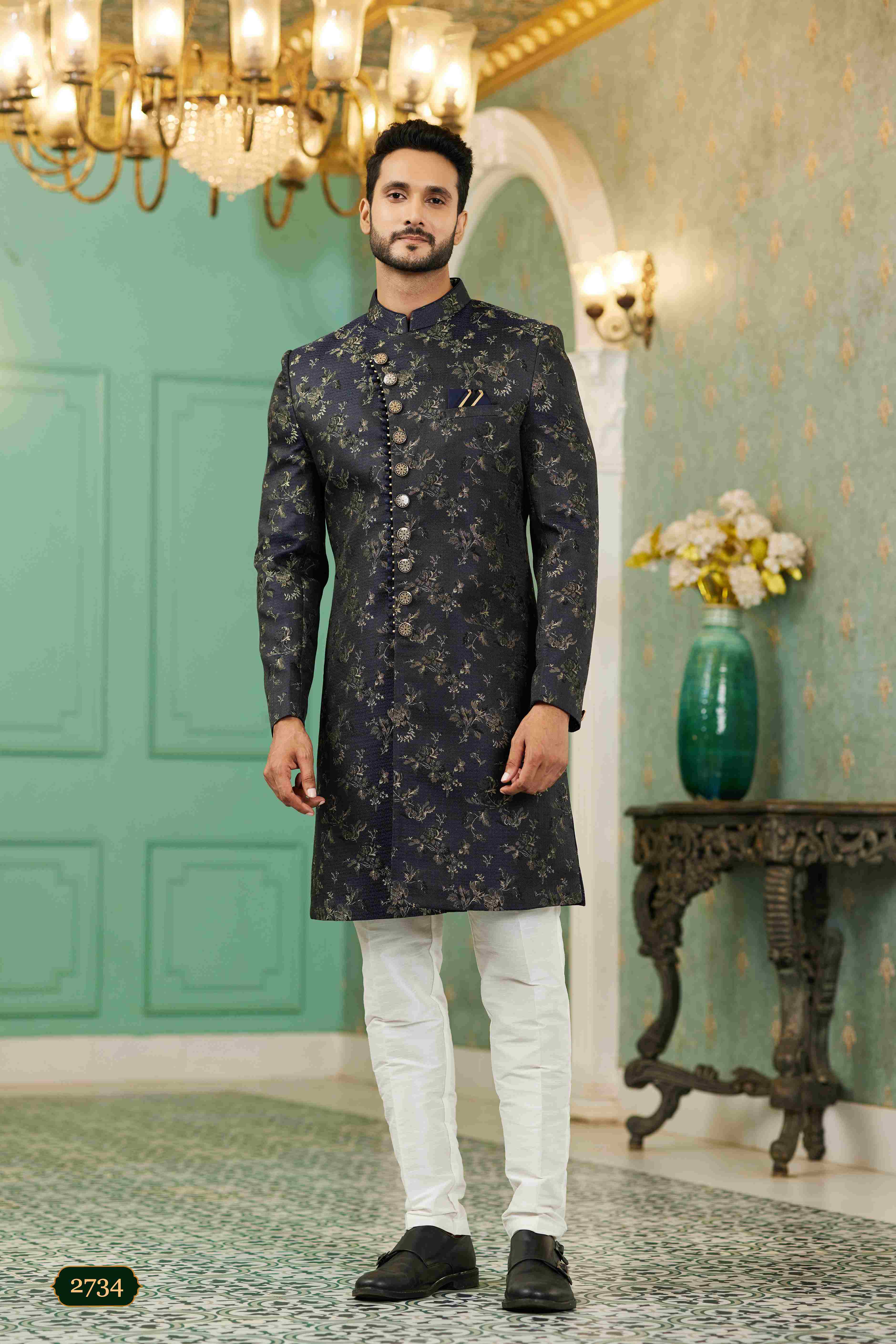 Raivat Ethnic Mens Jacquard Silk Embroidery Work Sherwani In Black Colour - Dista