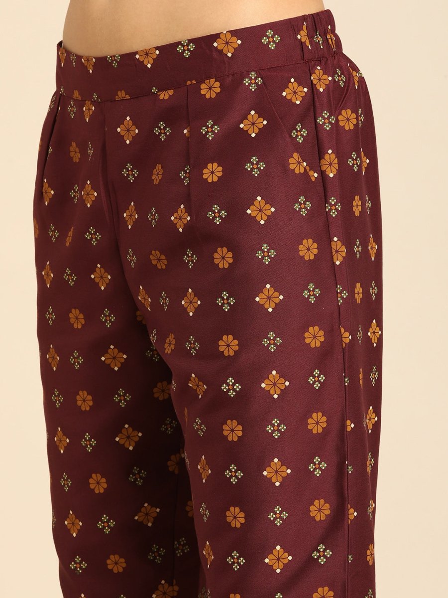 All About You Women Maroon Floral Yoke Design Regular Kurta with Trousers - Distacart