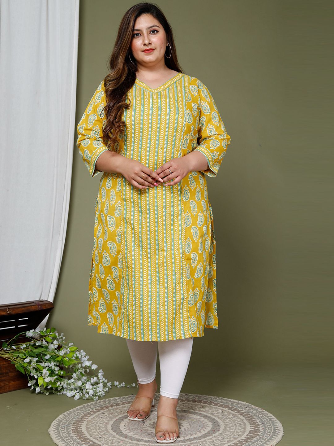 Swasti Ethnic Motif Printed V Neck Pure Cotton Kurta - Distacart