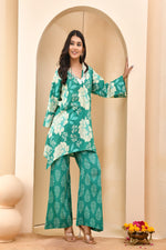 Thumbnail for Vaasva Women Turquoise Cotton Cord Set With Printed Pants
