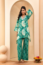 Thumbnail for Vaasva Women Turquoise Cotton Cord Set With Printed Pants
