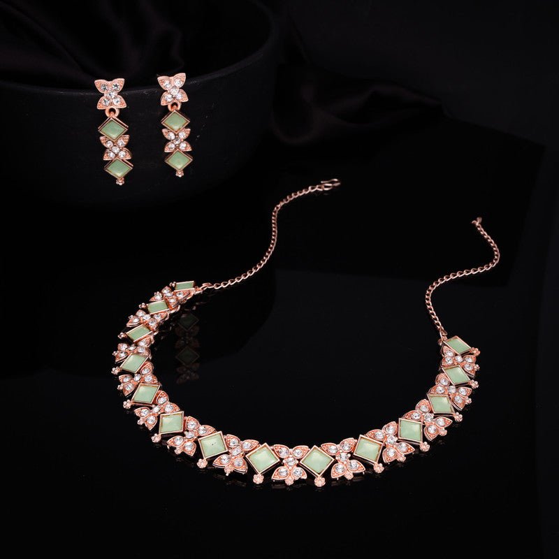 Tehzeeb Creations Rose Gold-Polished Sea Green Choker Necklace With Dangle Earrings - Distacart