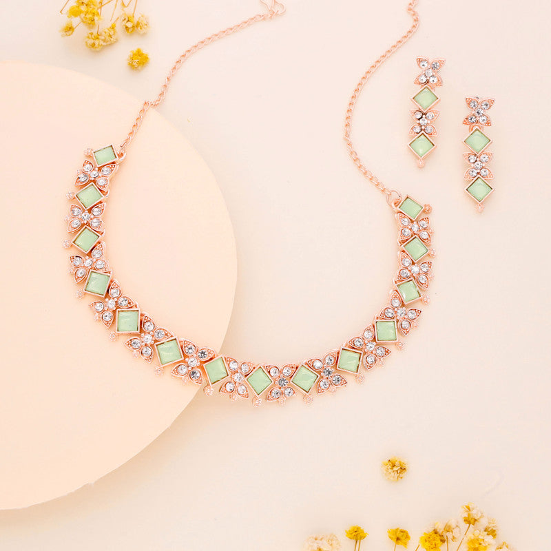 Tehzeeb Creations Rose Gold-Polished Sea Green Choker Necklace With Dangle Earrings - Distacart