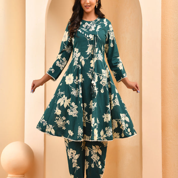 Vaasva Women Green Short Anarkali Kurta With Printed Pants