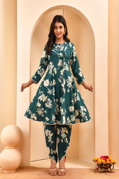 Vaasva Women Green Short Anarkali Kurta With Printed Pants - Distacart