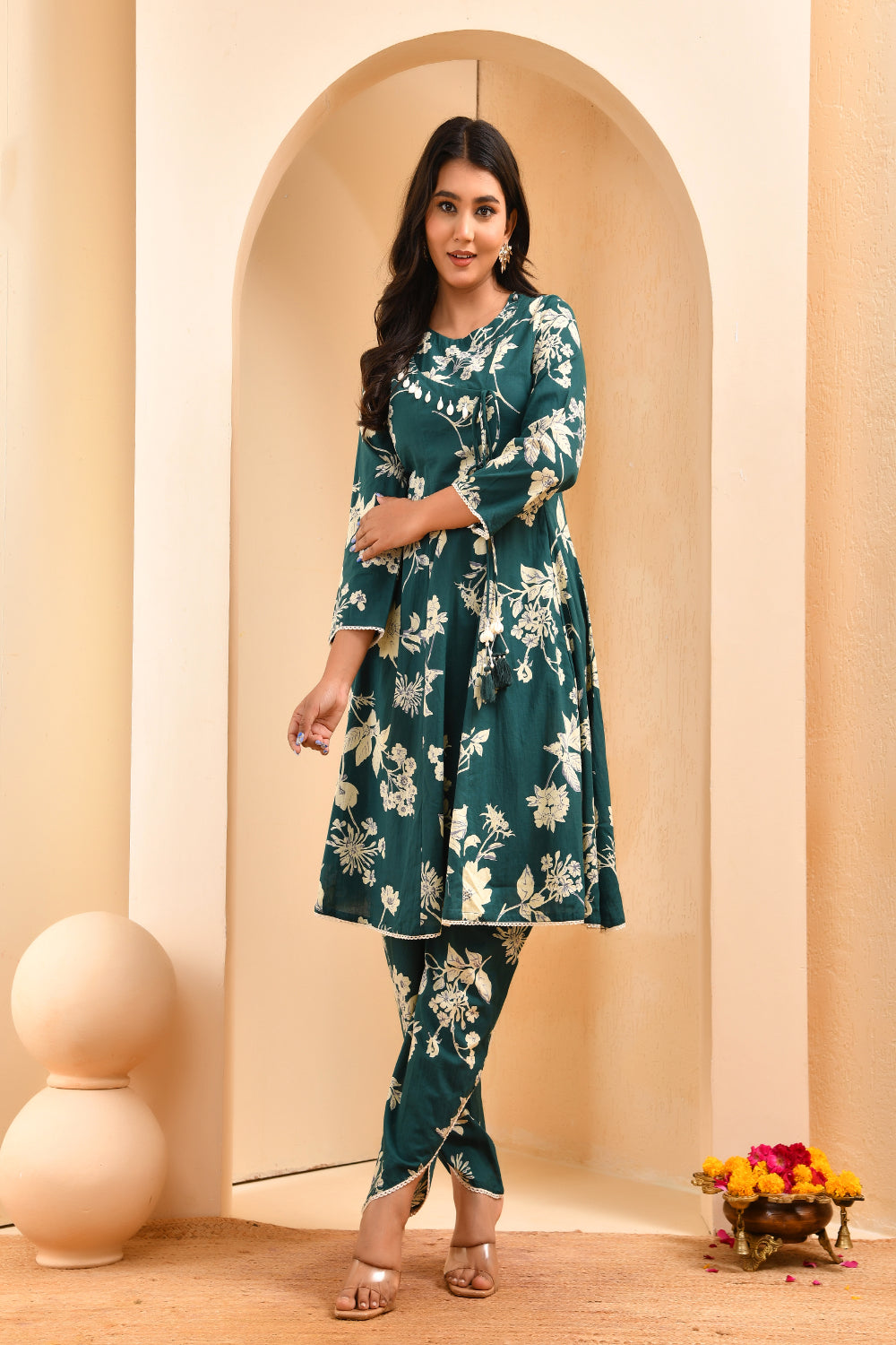 Vaasva Women Green Short Anarkali Kurta With Printed Pants