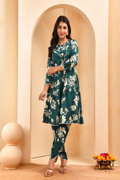 Vaasva Women Green Short Anarkali Kurta With Printed Pants - Distacart