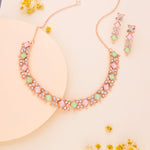 Thumbnail for Tehzeeb Creations Rose Gold-Polished Sea Green & Baby Pink Choker Necklace With Dangle Earrings - Distacart