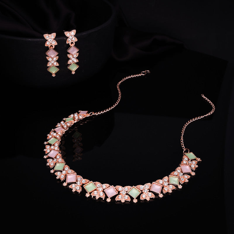 Tehzeeb Creations Rose Gold-Polished Sea Green & Baby Pink Choker Necklace With Dangle Earrings - Distacart