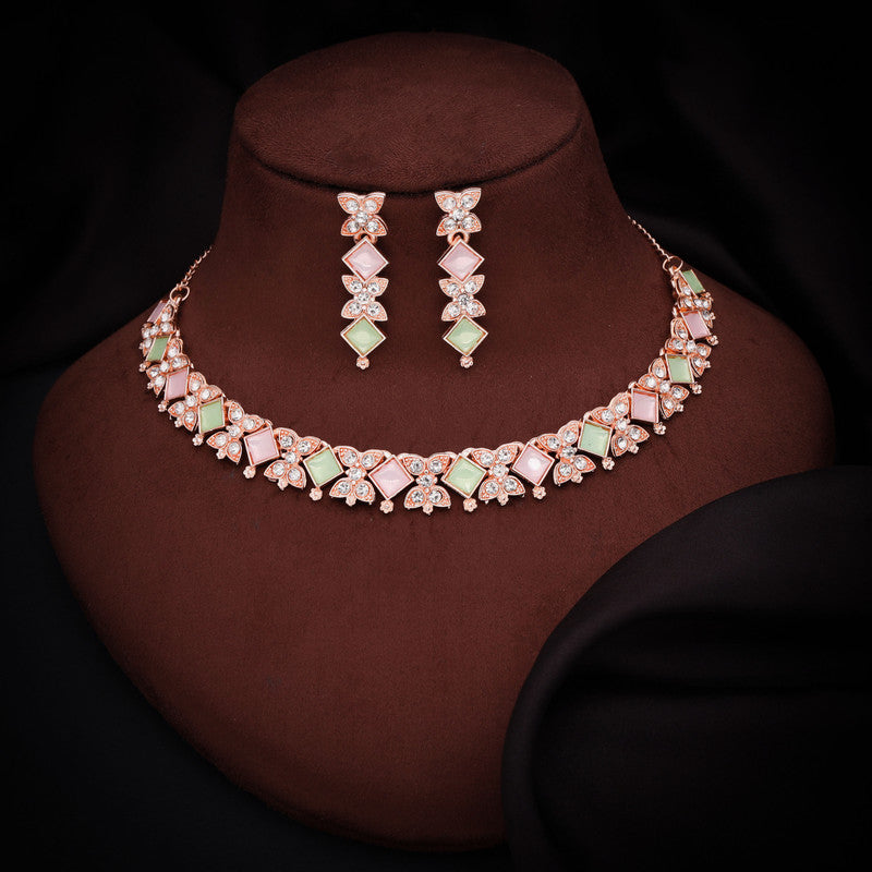 Tehzeeb Creations Rose Gold-Polished Sea Green & Baby Pink Choker Necklace With Dangle Earrings - Distacart