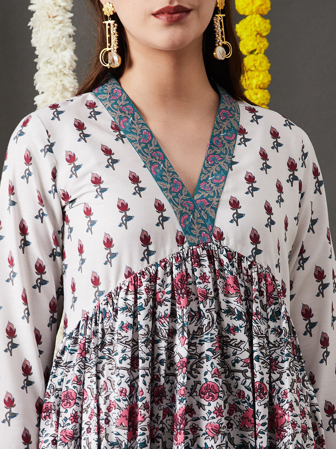 Kalini Floral Printed V-Neck Empire Anarkali Kurta & Trouser With Dupatta - Distacart