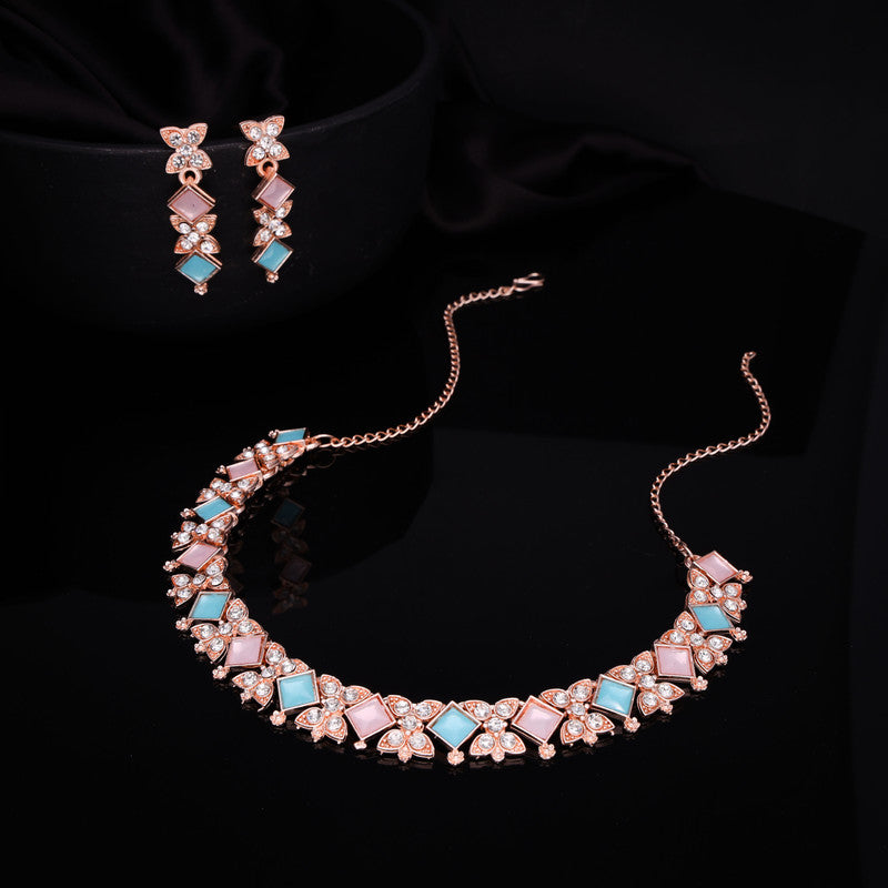 Tehzeeb Creations Rose Gold-Polished Sky & Baby Pink Choker Necklace With Dangle Earrings - Distacart
