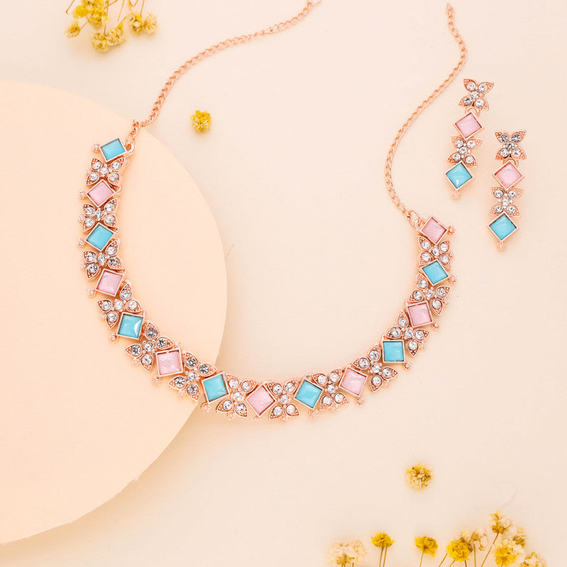 Tehzeeb Creations Rose Gold-Polished Sky & Baby Pink Choker Necklace With Dangle Earrings - Distacart