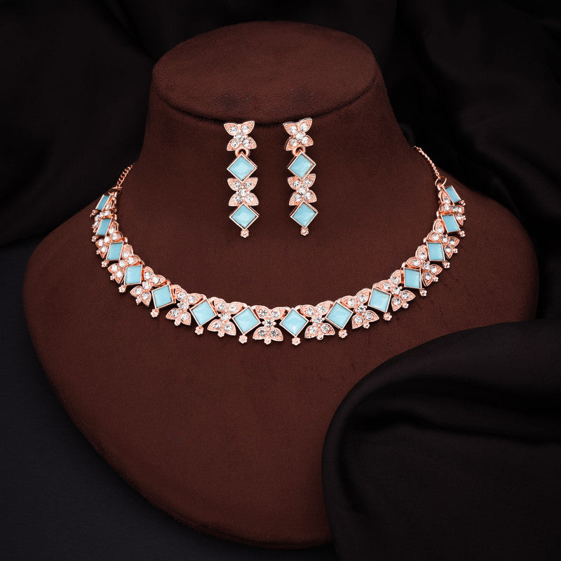 Tehzeeb Creations Rose Gold-Polished Sky Blue Choker Necklace With Dangle Earrings - Distacart