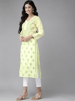 Thumbnail for ADA Women Yellow & Green Embroidered Chikankari Handloom Kurta Handloom Kurta with Trousers - Distacart