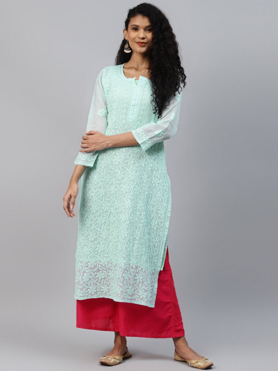 ADA Women Sea Green Chikankari Hand Embroidered Straight Kota Handloom Kurta With Matching Slip - Distacart