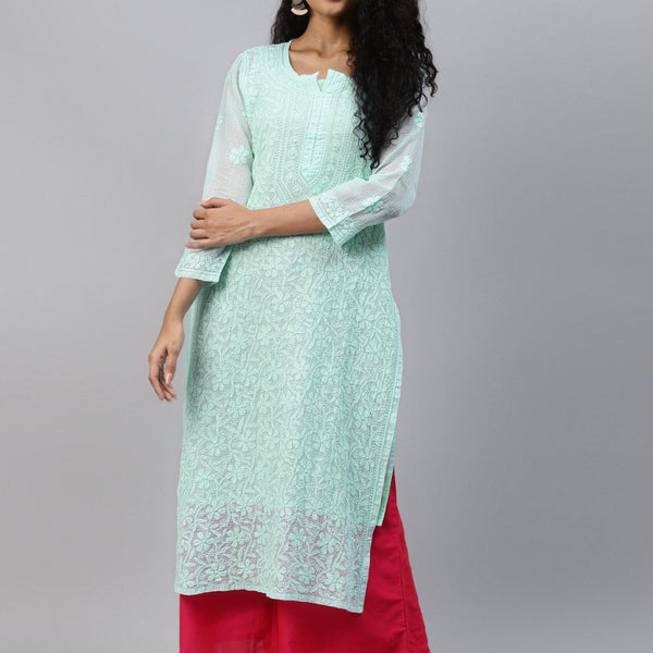 ADA Women Sea Green Chikankari Hand Embroidered Straight Kota Handloom Kurta With Matching Slip - Distacart