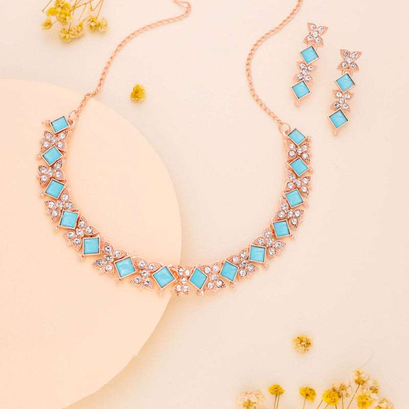 Tehzeeb Creations Rose Gold-Polished Sky Blue Choker Necklace With Dangle Earrings - Distacart
