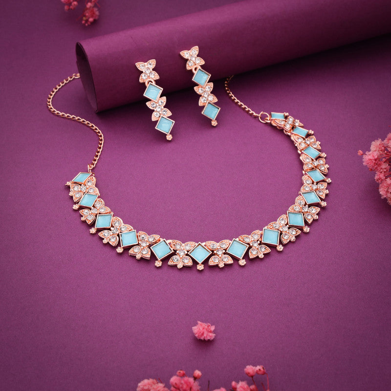 Tehzeeb Creations Rose Gold-Polished Sky Blue Choker Necklace With Dangle Earrings - Distacart