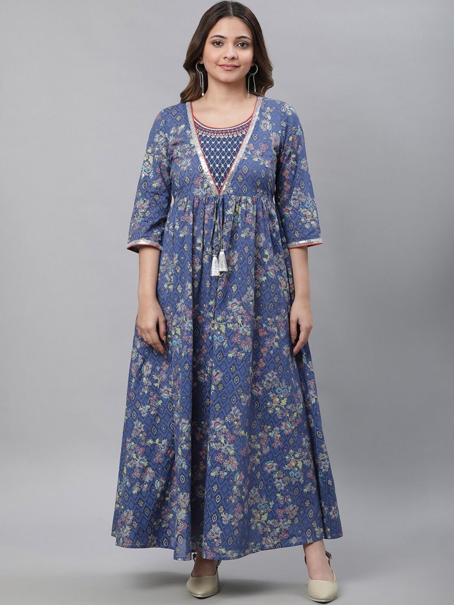 AURELIA Ethnic Motifs Printed Pure Cotton Fit & Flare Ethnic Dress - Distacart