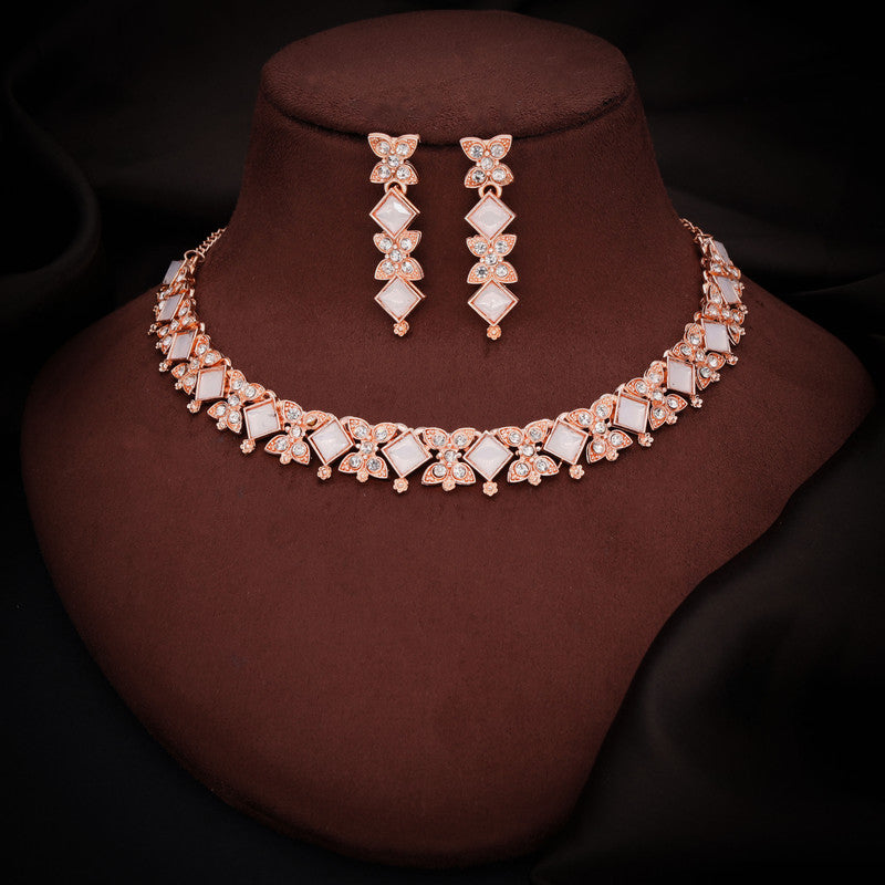 Tehzeeb Creations Rose Gold-Polished White Choker Necklace With Dangle Earrings - Distacart