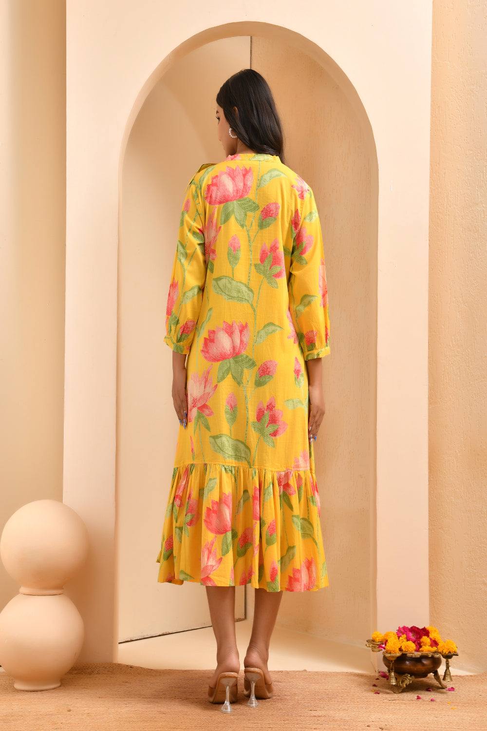 Vaasva Women Floral Printed Lemon Dress - S Vaasva Women Floral Printed Lemon Dress - S