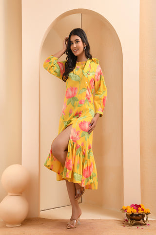 Vaasva Women Floral Printed Lemon Dress