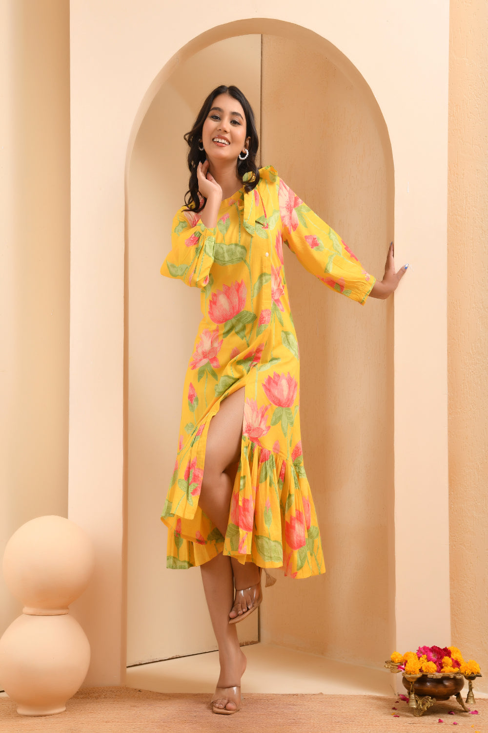 Vaasva Women Floral Printed Lemon Dress