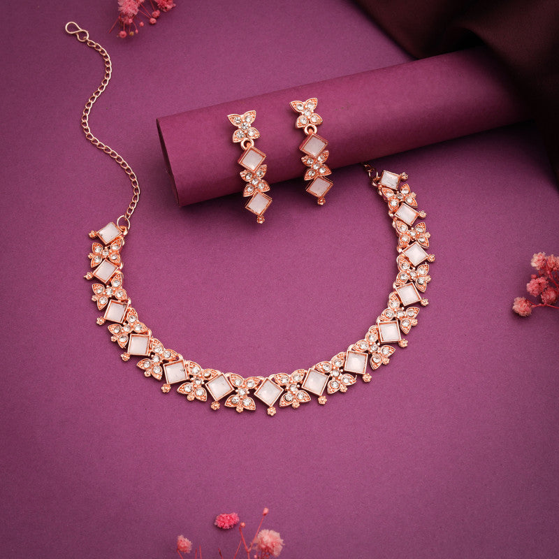 Tehzeeb Creations Rose Gold-Polished White Choker Necklace With Dangle Earrings - Distacart