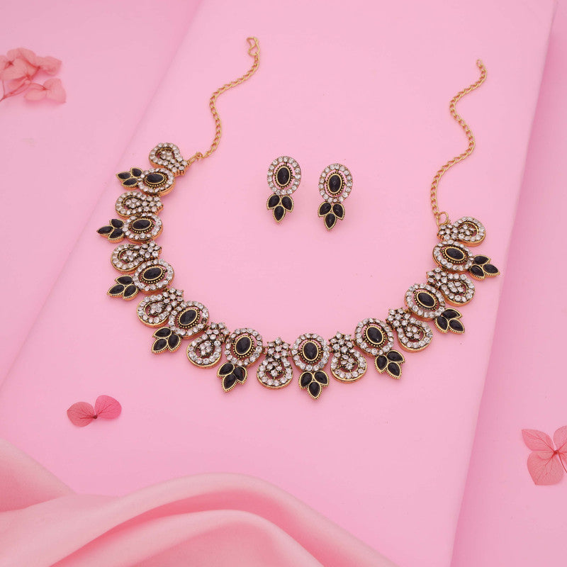Tehzeeb Creations Gold-Polished Black Colour Choker With Dangle Earrings - Distacart