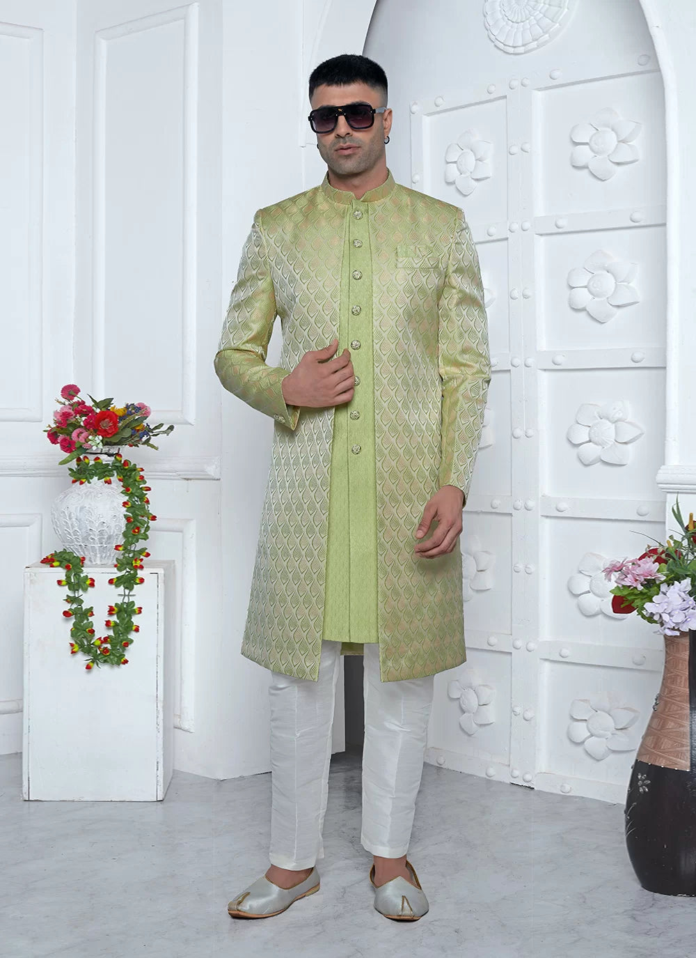Raivat Ethnic Mens Jacquard Silk Embroidery Indo Western In Green Colour - Dista
