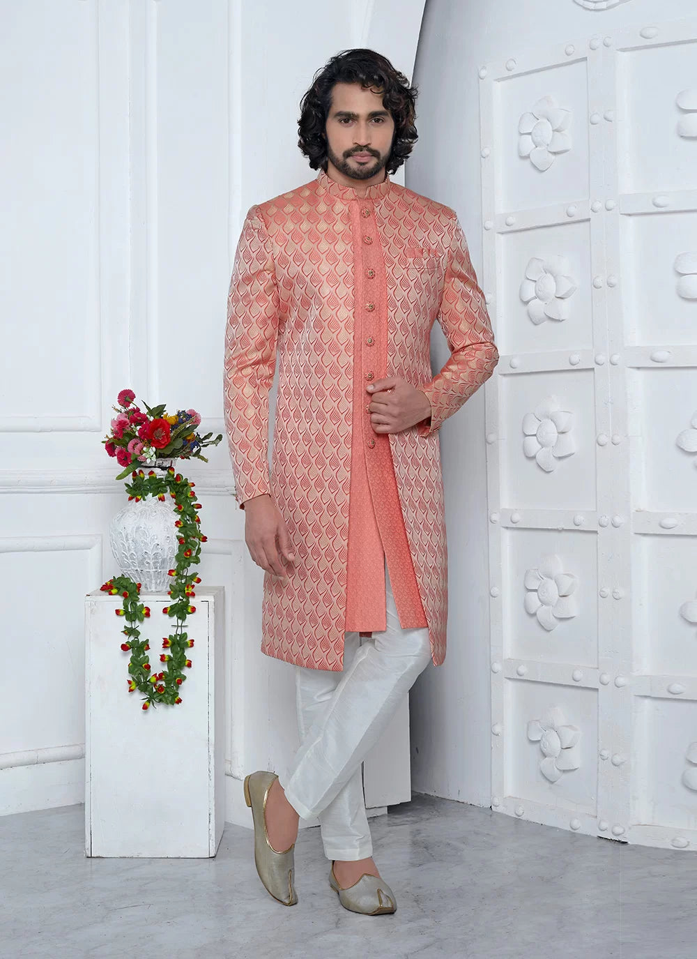 Raivat Ethnic Mens Jacquard Silk Embroidery Indo Western In Peach Pink Colour - Dista