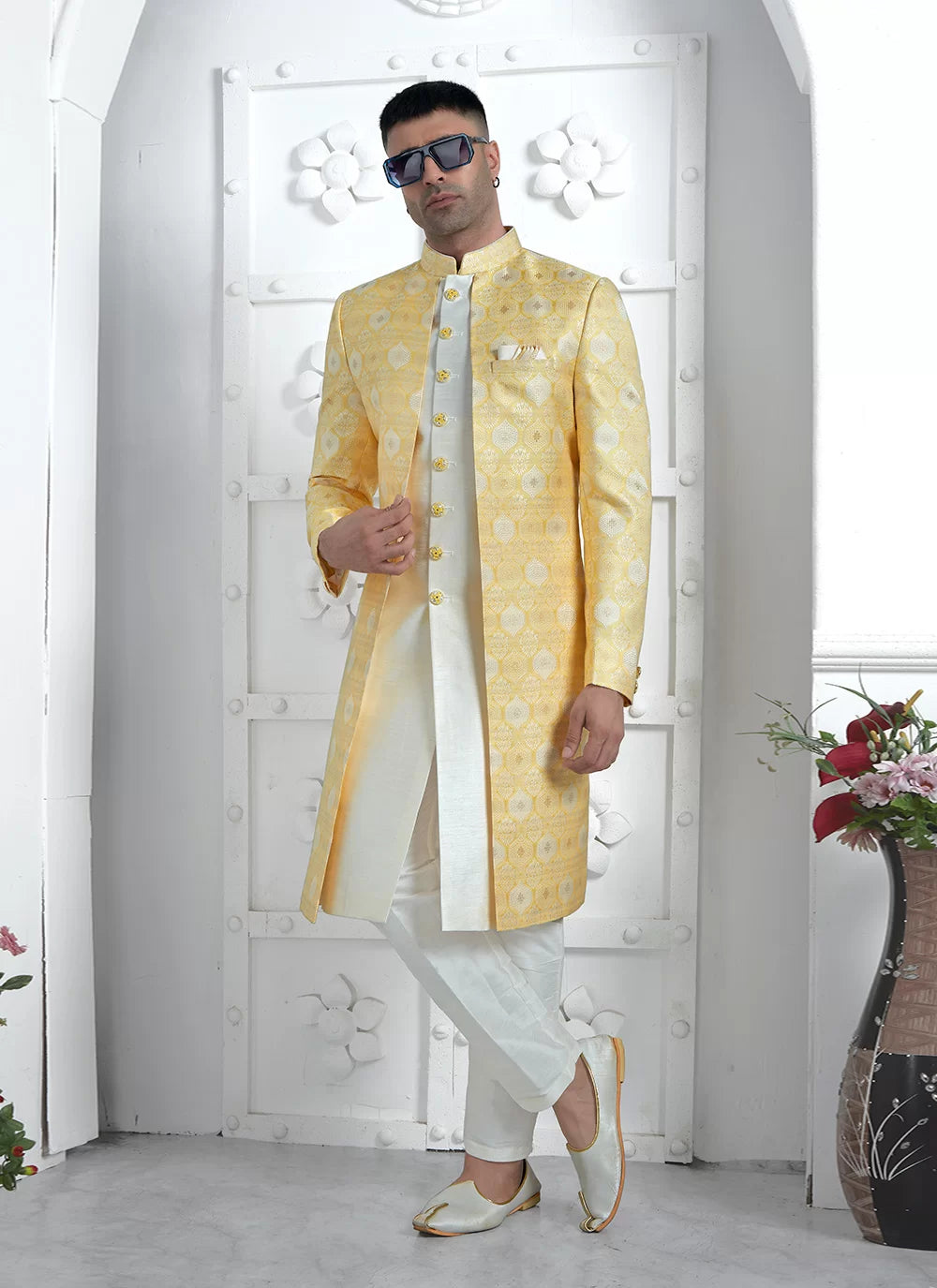 Raivat Ethnic Mens Jacquard Silk Embroidery Indo Western In Yellow Colour - Dista
