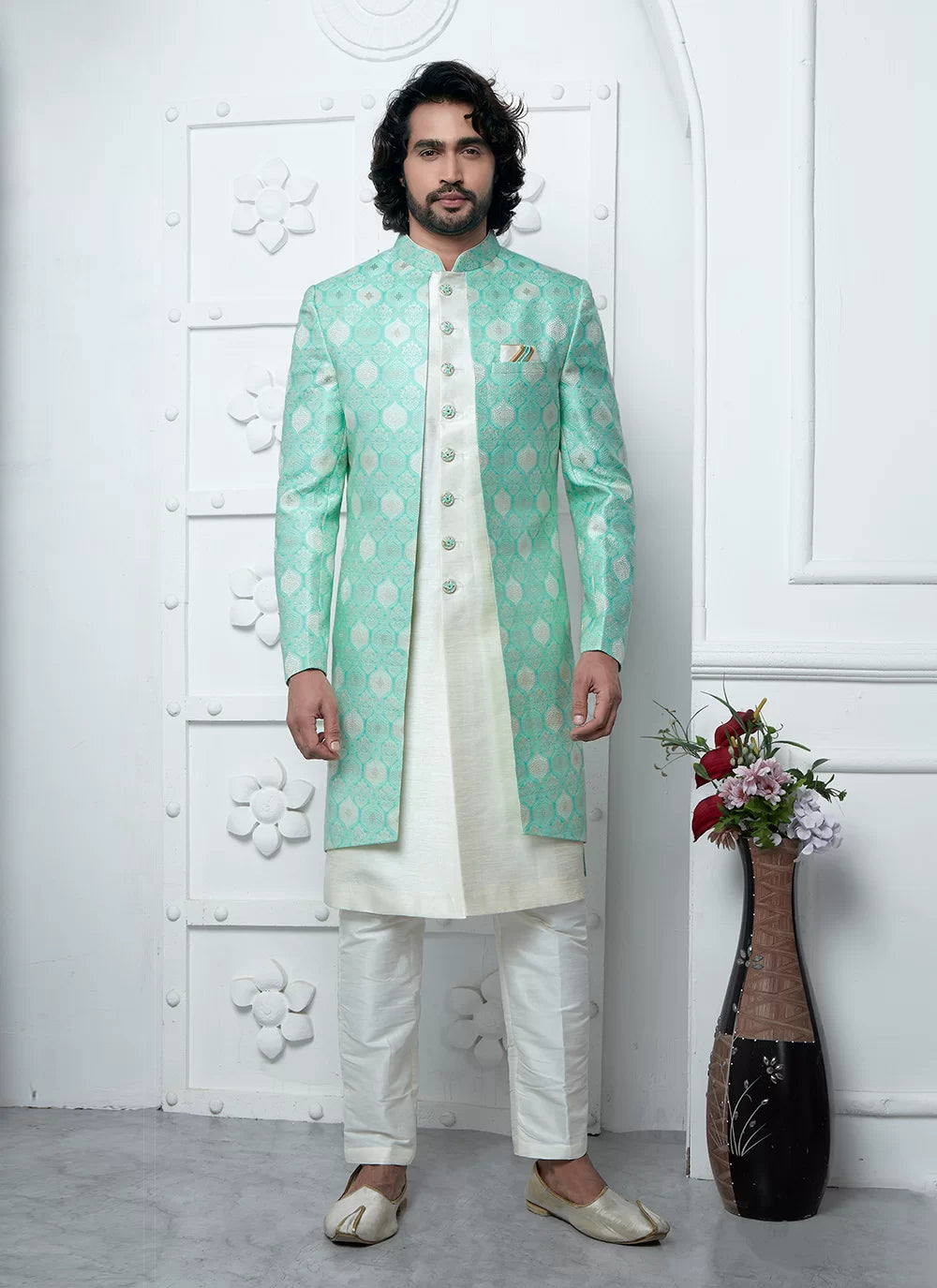 Raivat Ethnic Mens Jacquard Silk Embroidery Indo Western In Green Colour - Dista