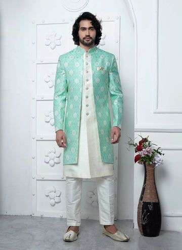 Raivat Ethnic Mens Jacquard Silk Embroidery Indo Western In Green Colour - Dista