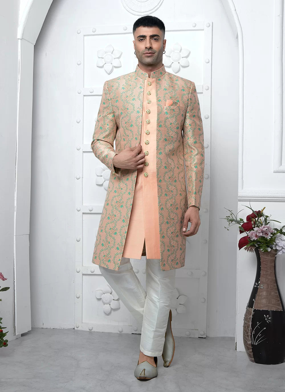 Raivat Ethnic Mens Jacquard Silk Embroidery Indo Western In Peach Colour - Dista