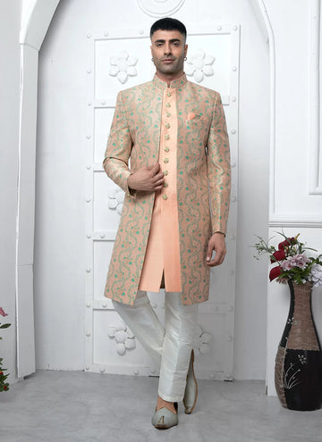 Raivat Ethnic Mens Jacquard Silk Embroidery Indo Western In Peach Colour - Dista