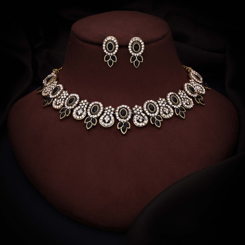 Tehzeeb Creations Gold-Polished Black Colour Choker With Dangle Earrings - Distacart