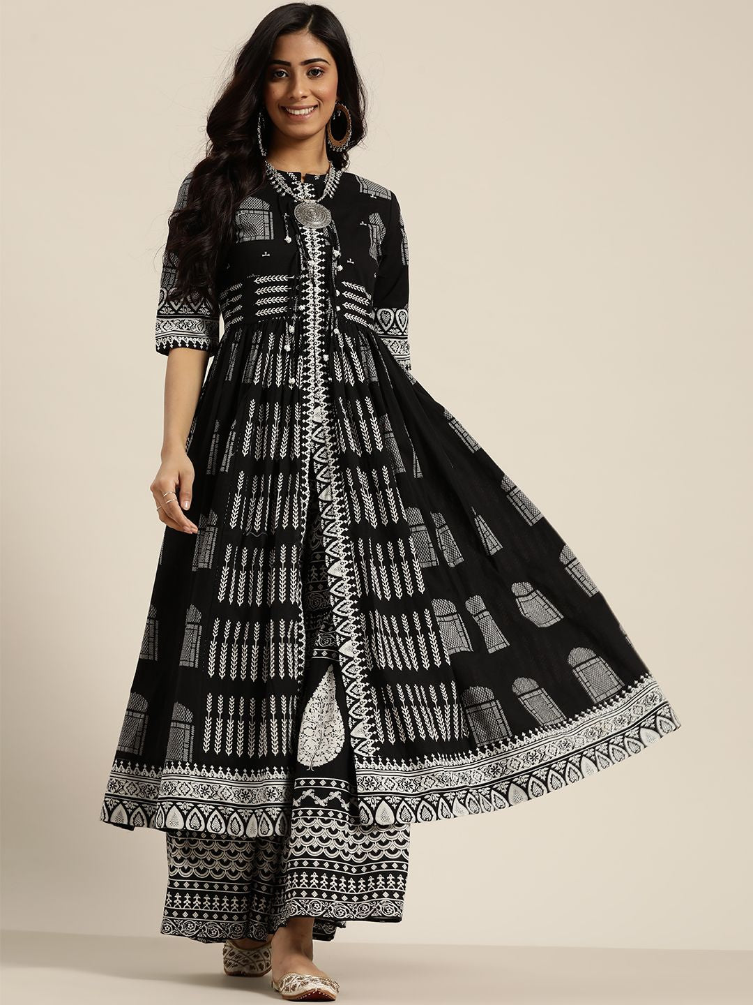 Sangria Women Black & White Ethnic Motifs Printed Pure Cotton Kurta with Sharara - Distacart