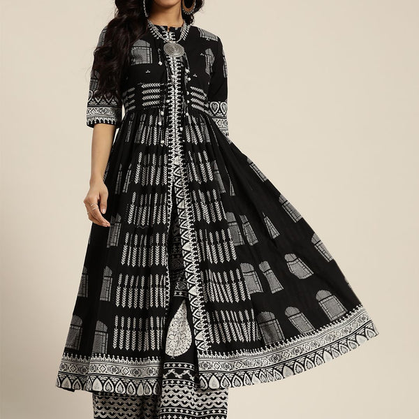 Sangria Women Black & White Ethnic Motifs Printed Pure Cotton Kurta with Sharara - Distacart