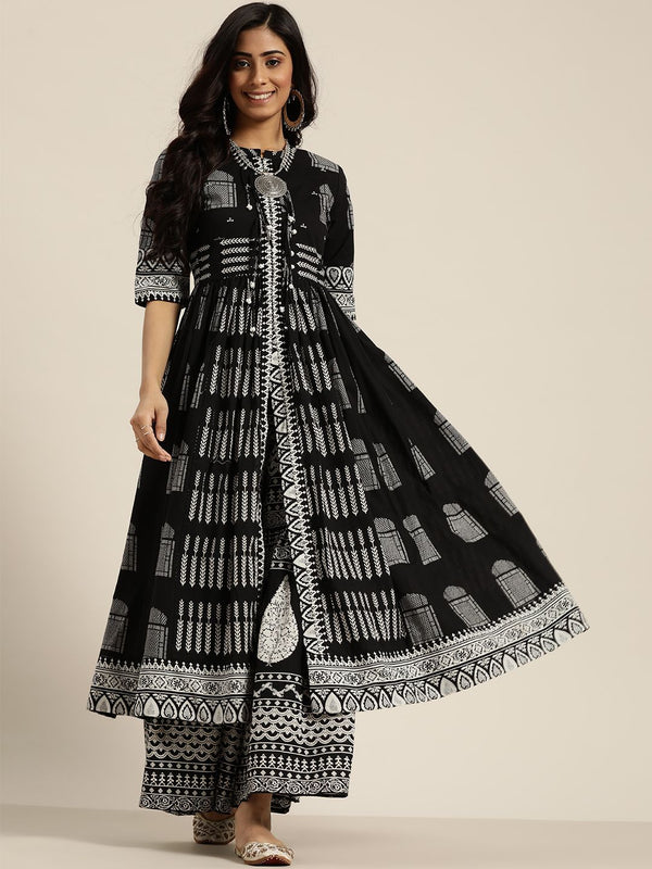 Sangria Women Black & White Ethnic Motifs Printed Pure Cotton Kurta with Sharara