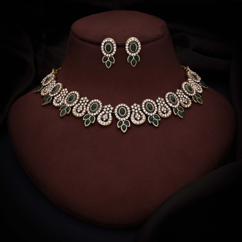 Tehzeeb Creations Gold-Polished Green Colour Choker With Dangle Earrings - Distacart