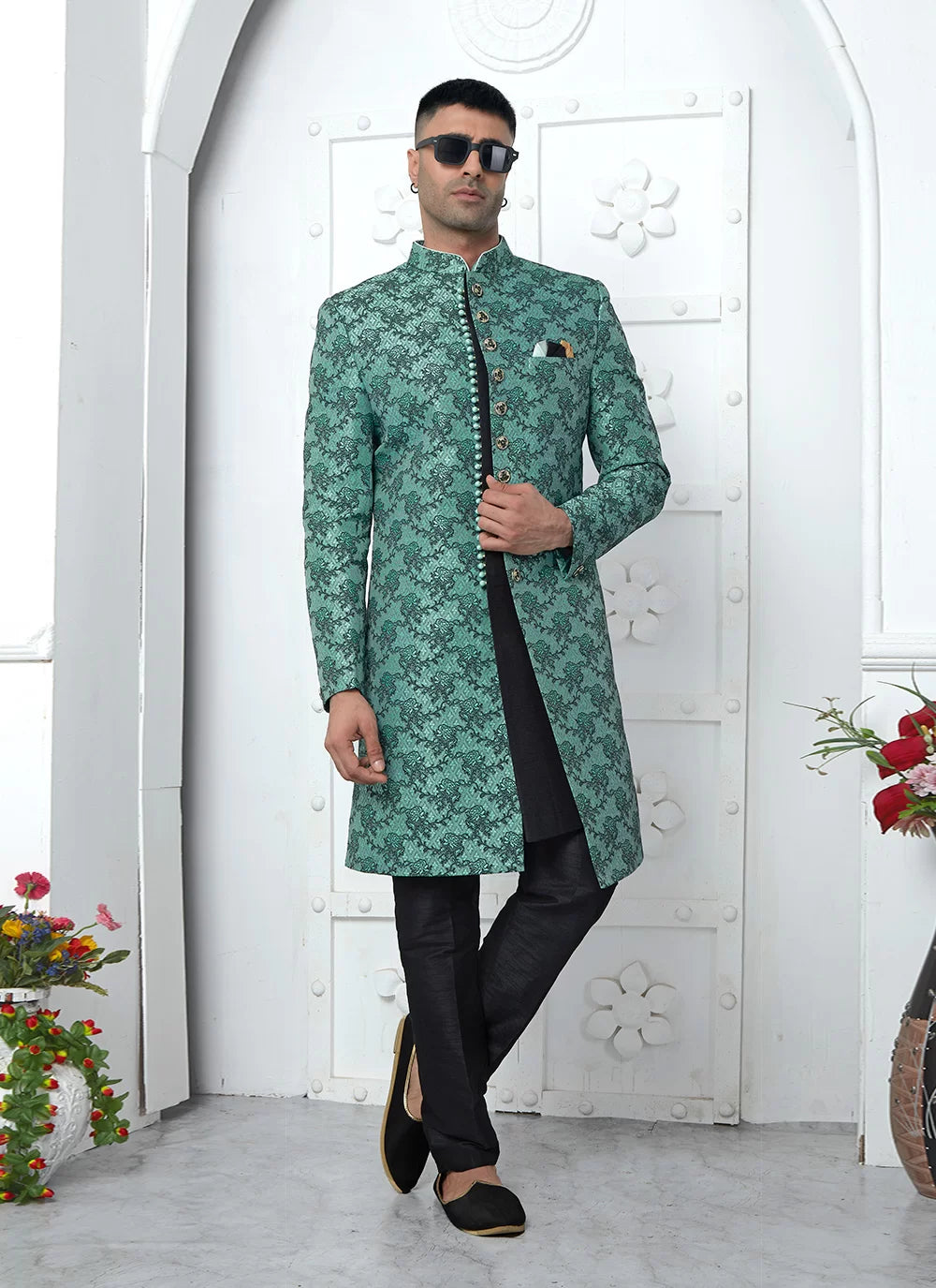 Raivat Ethnic Mens Jacquard Silk Embroidery Indo Western In Teal Green Colour - Dista